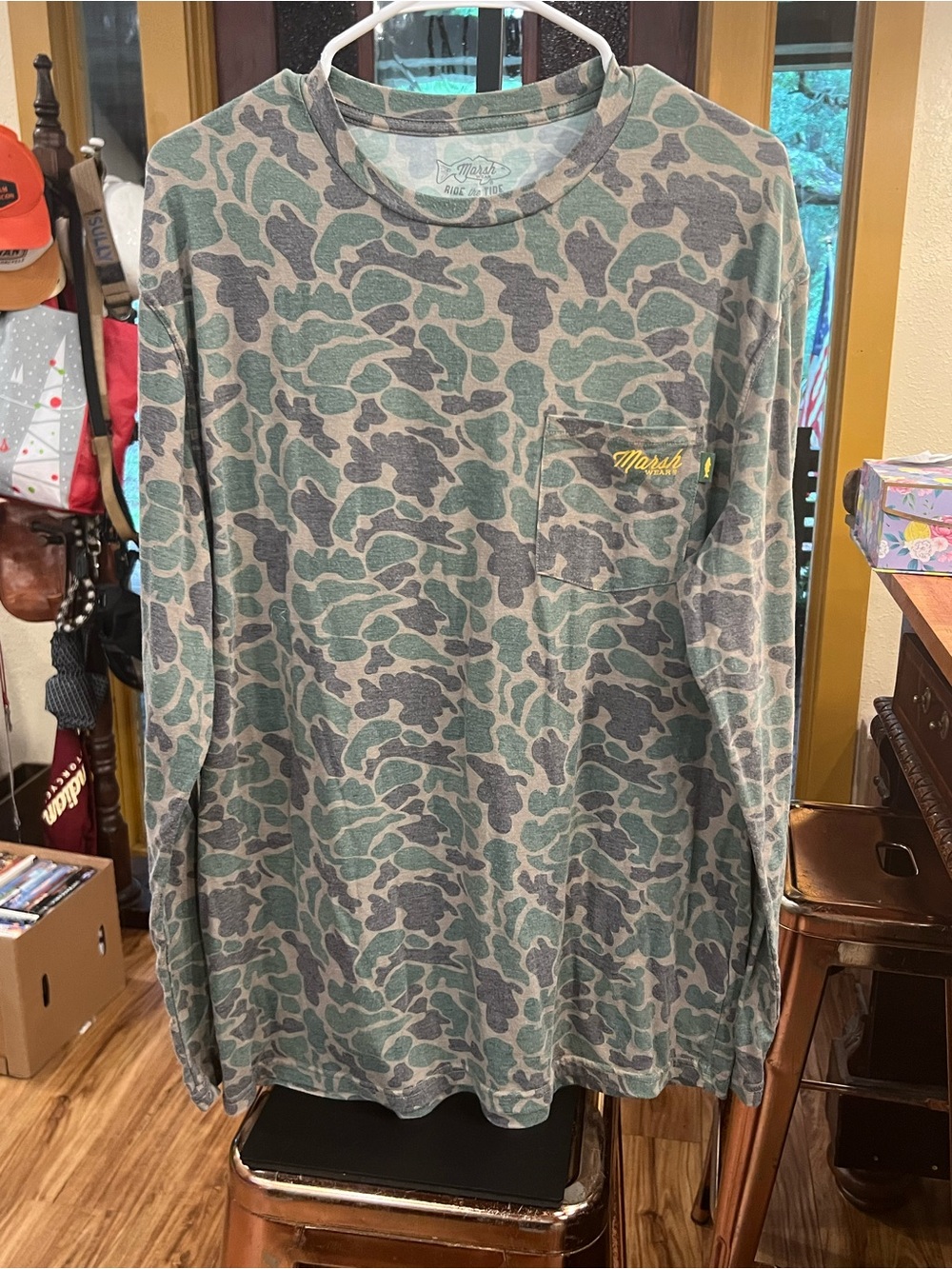 Marsh Wear “ride the tide” Men’s Green Camo Long Sleeve Pocket Tee